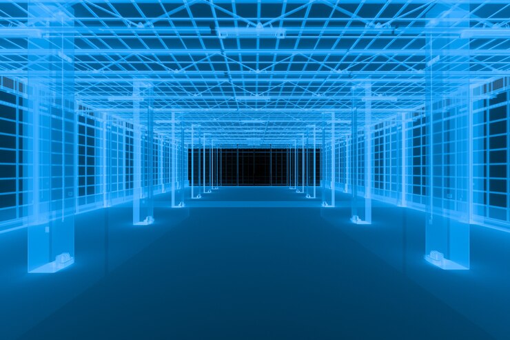 Photo 3d rendering x ray empty factory interior or empty warehouse