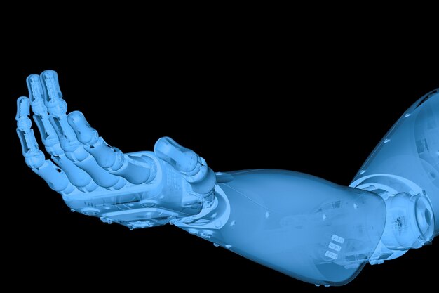 Photo 3d rendering x ray robotic hand with hand palm open isolated on black