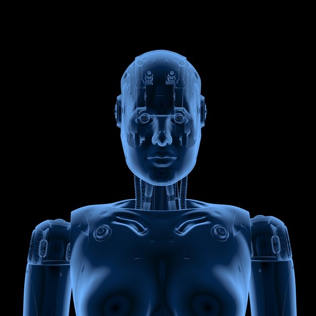 Foto 3d-rendering x-ray vrouwelijke cyborg robot geïsoleerd op zwart