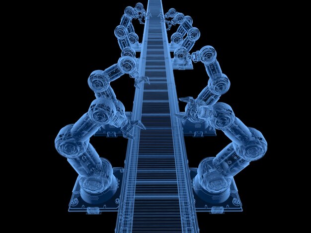 Foto 3d-rendering xray robot assemblagelijn met transportband