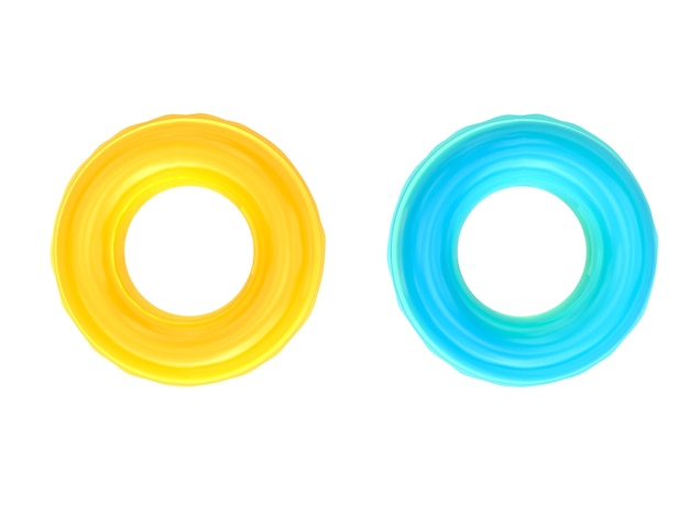 写真 白で隔離される黄色と青の浮き輪をレンダリングする3d