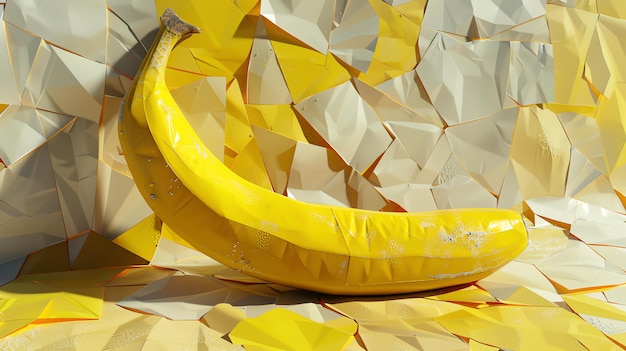 Foto rendering 3d di una banana gialla su una superficie di marmo bianco la banana è leggermente piegata e ha una superficie irregolare