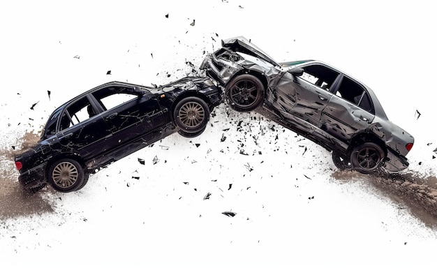 3D rendering of a yellow car and blue Honda Corvette crashing into each other on a white background