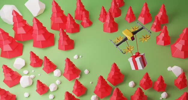 3D rendering,The yellow drone sends a gift box to the customer by flying over the forest. Colorful 3d rendering holiday christmas new year concept