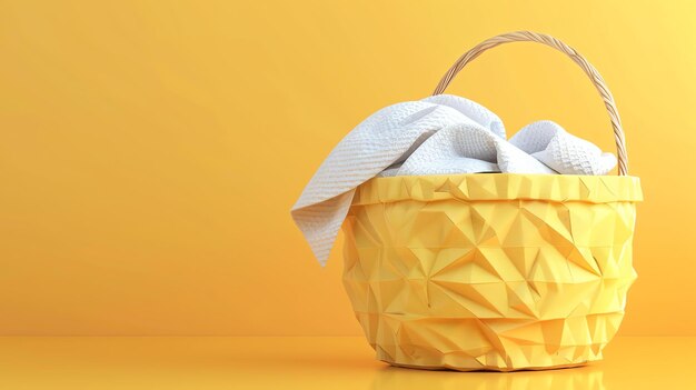 3D-рендеринг желтой корзины для белья с белым полотенцем на желтом фоне