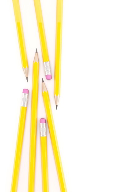 흰색 배경에 노란색 연필의 3d 렌더링