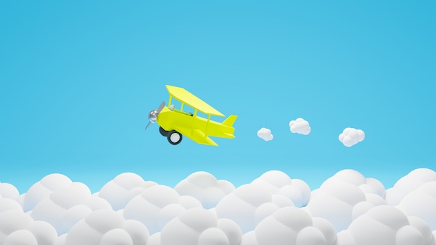 3d rendering yellow plane fly with cloud