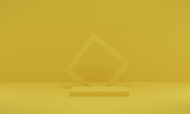 3Dレンダリング。製品プロモーションのための黄色いシーンの幾何学的形状の表彰台ステージ。空のスペースを持つ抽象的なミニマリストデザイン。