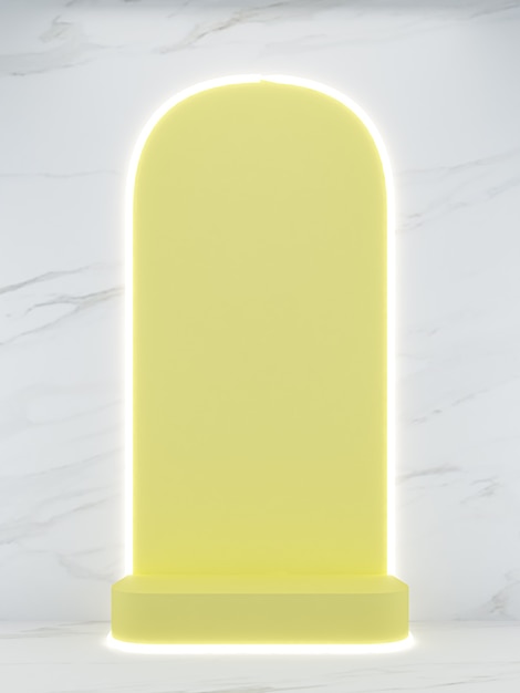 Photo 3d rendering yellow square shape podium on white marble background and  light line