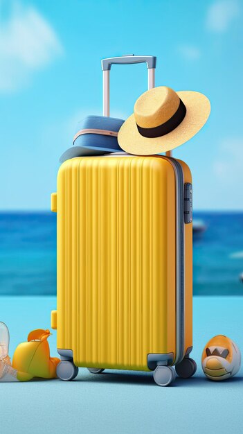 3D rendering of Yellow suitcase with beach accessories on blue background vacation time Summer