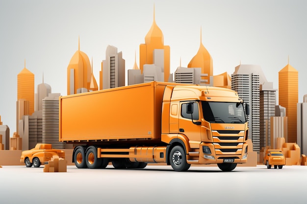 Photo 3d rendering of a yellow truck on the background of the city