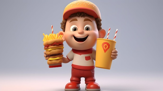 A 3D rendering of a young cheerful 3D character squatting and enjoying fast food