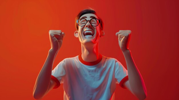 3D rendering of a young man celebrating victory while playing video games He is wearing a casual outfit and has a surprised expression on his face