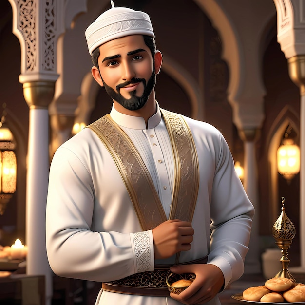 3d rendering young muslim man lifestyle with lanterns