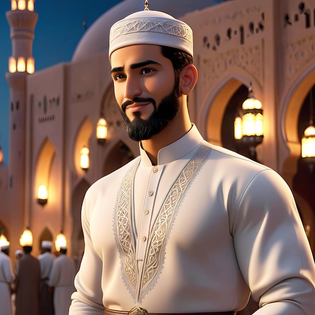 3d rendering young muslim man lifestyle with lanterns