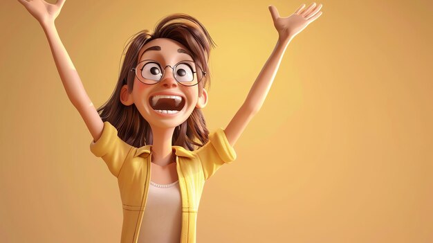 Photo 3d rendering of a young woman wearing glasses and a yellow shirt she is with her arms in the air