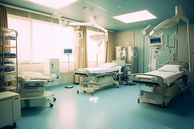 3D-rendering ziekenhuisoperatiezaal met CArm-machine en operatierobot