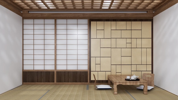 3D-rendering zittafel en 2 zitkussens met het gevoel van een Japanse kamer