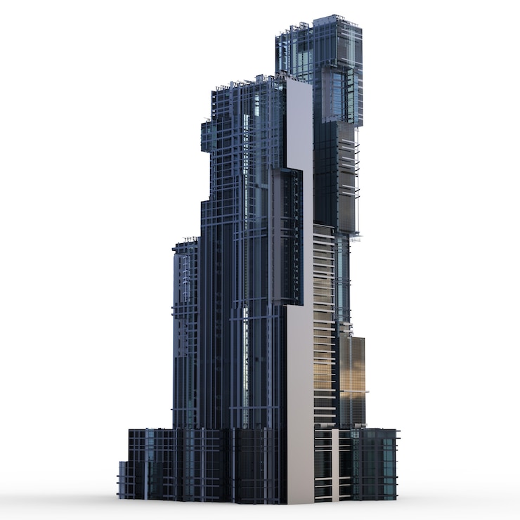 Foto 3d-rendering zwart gebouw op witte achtergrond