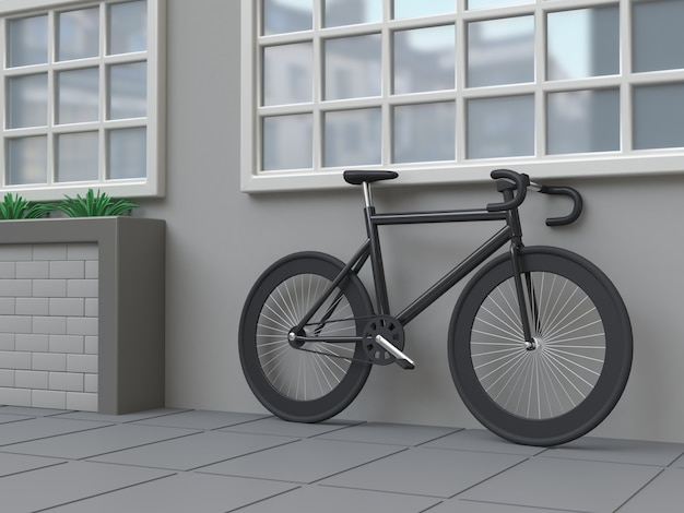 3D-rendering zwarte fiets muur venster reflectie stad scène, training-gaan-reizen vervoer