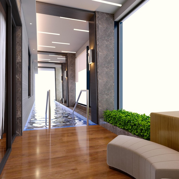 3D-rendering3D-afbeelding Interieurscène en MockupBinnenzwembad houten vloer gebouw