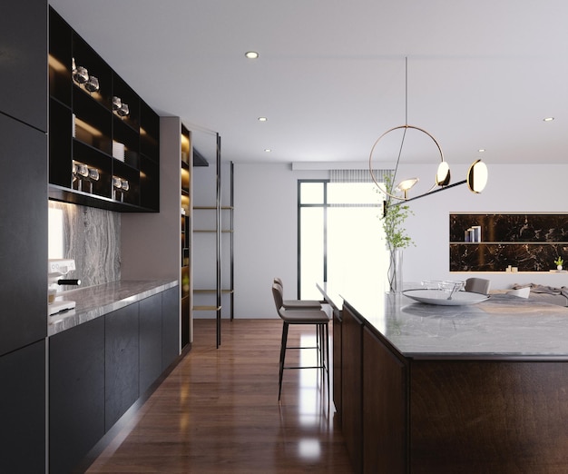 3D-rendering3d illustratie Interieur Scène en Mockup keuken interieur moderne keuken ingericht met hout en steen