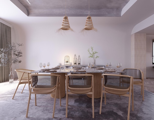 3d rendering3d illustratie Interieur Scène en Mockupeetkamer scandinavische stijl houten meubelszithoek bij het raam