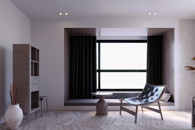 3D-rendering3d illustratie Interieur Scène en Mockupmoderne stijl woonkamer en zwart lederen fauteuil