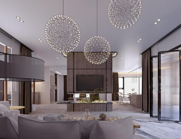 3D-rendering3d illustratie Interieur Scène en Mockupwoonkamer moderne stijl plafonddecoratiewitte sofa ronde lampdecoratie