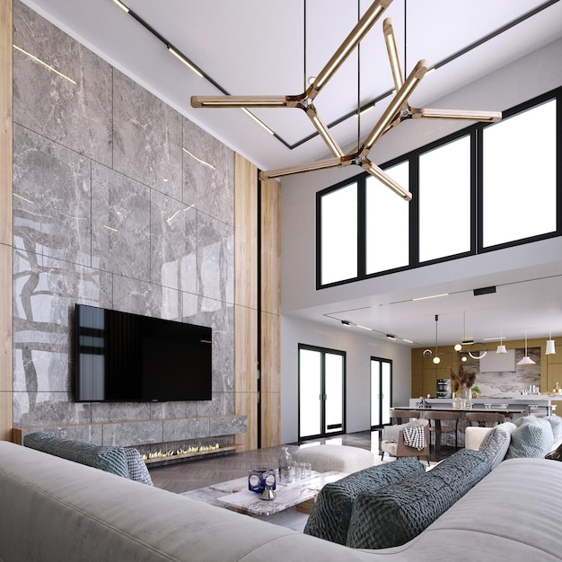 3D-rendering3d illustratie Interieur Scène en Mockupwoonkamer stijl moderne hoge plafond woonkamer open haard