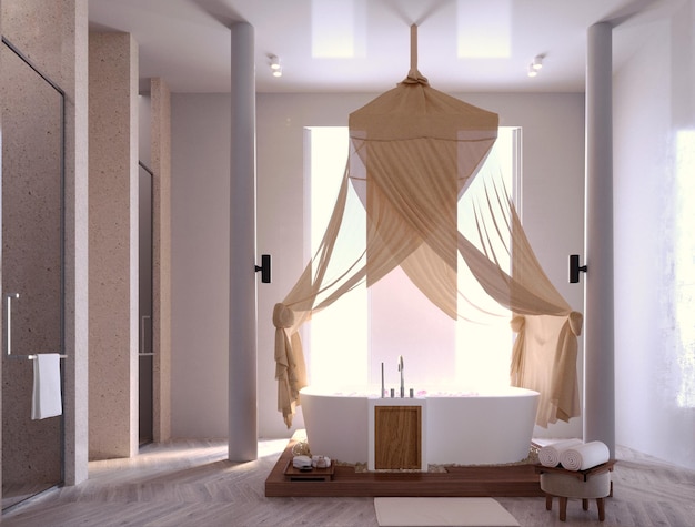 3D-rendering3D-illustratie Interieurscène en Mockupde badkamerbadkuip een wastafel met een verticale spiegel een kaptafel