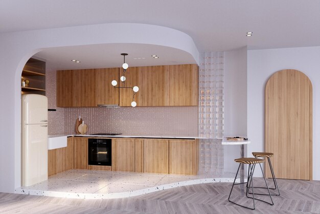 사진 3d rendering3d illustration interior scene and mockupkitchen and dining cornerconcrete floorkitchen with white walls