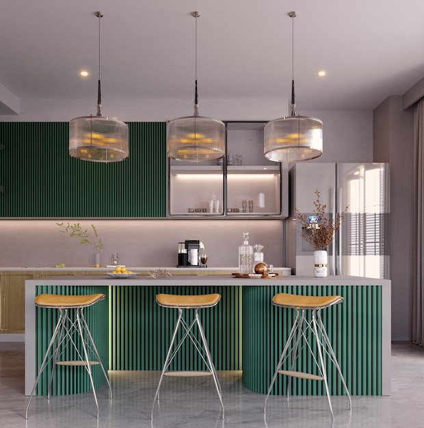 3d rendering3d illustration Interior Scene and Mockup modern kitchen and dining roomwood and green kitchen