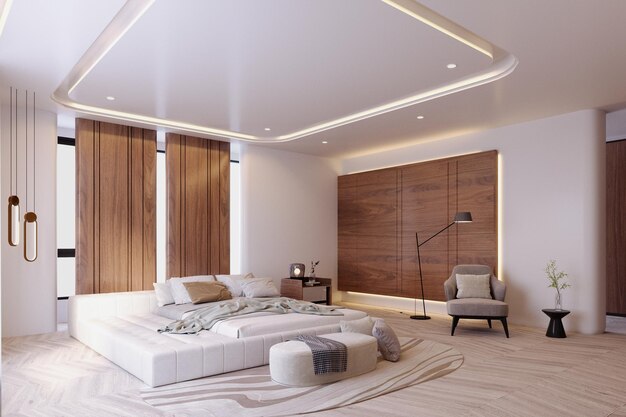 Foto rendering 3dillustrazione 3d interior scene e mockupdecorazione degli interni della camera da lettodecorare in stile moderno con materiale in legno