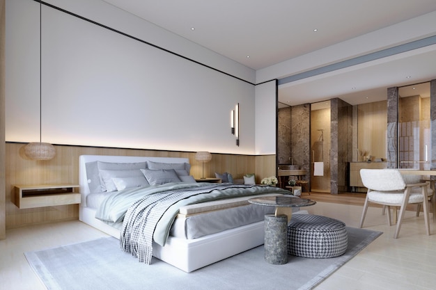 3d-рендеринг3d-иллюстрация Интерьерная сцена и макет отеля спальня и гостинаясовременный и современный стиль визуализации 3d