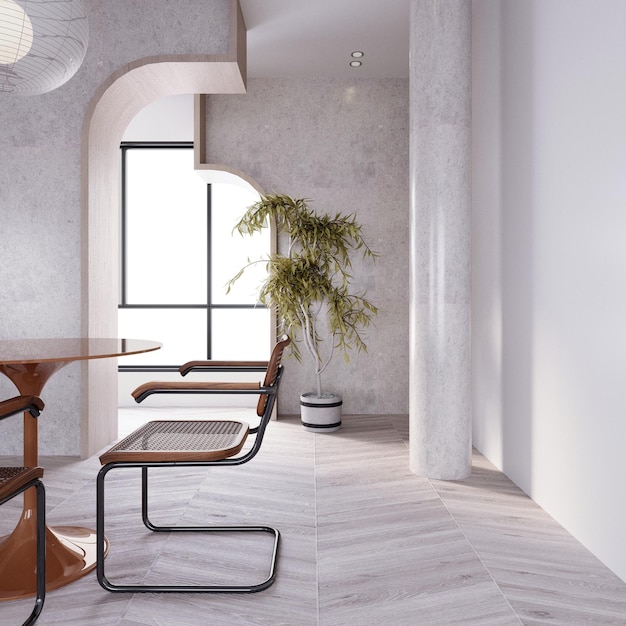 Foto rendering 3dillustrazione 3d interior scene e mockupcucina e angolo pranzocucina con pavimento in cemento con pareti bianche