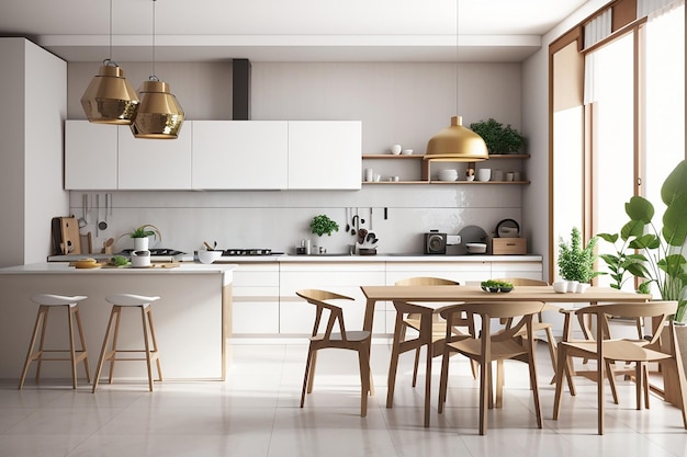 3d rendering3d illustration interior scene and mockupkitchen and dining cornerconcrete floorkitchen with white walls