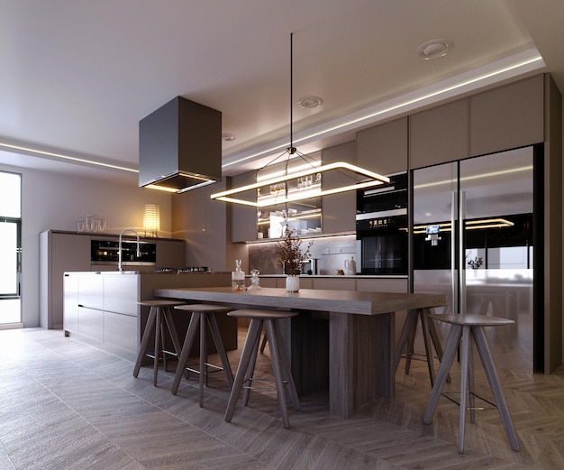 3d rendering3d illustration Interior Scene and Mockupkitchen and dining cornerdark wood kitchen