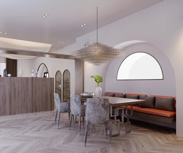 Rendering 3dillustrazione 3d interior scene e mockupcucina e sala da pranzo in stile scandinavo moderno