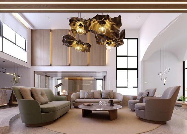 Foto rendering 3dillustrazione 3d interior scene and mockupliving room interior stile modernopavimenti in legno pareti e divani in marmo