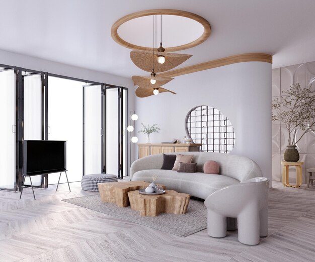 Foto rendering 3dillustrazione 3d interior scene e mockupliving room interiorsofa poltrona e lampada