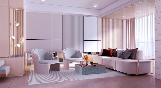 3d rendering3d illustration Interior Scene and MockupLiving room with large sofa and two armchairs in beigewhitebrown tones in modern luxury style