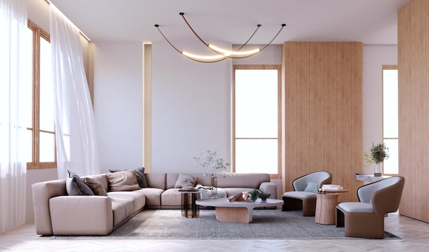 3d rendering3d illustration Interior Scene and MockupModern living room with large Lshaped sofa in light brown color