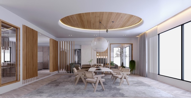 Rendering 3dillustrazione 3d interior scene e mockupsala da pranzo in stile moderno con decorazione del soffittodecorazione della parete bianca e verde