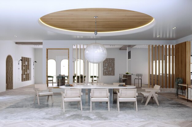 Foto rendering 3dillustrazione 3d interior scene e mockupsala da pranzo in stile moderno con decorazione del soffittodecorazione della parete bianca e verde