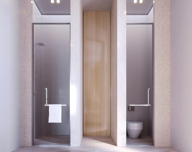 Rendering 3d illustrazione 3d scena interna e mockupla vasca da bagno del bagno un lavabo con uno specchio verticale un tavolo da toeletta