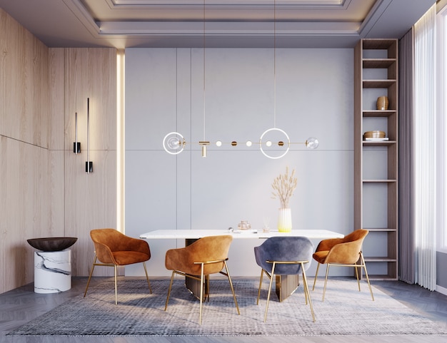 3d rendering3d illustrationDining room with wooden and concrete walls painted in white and gray