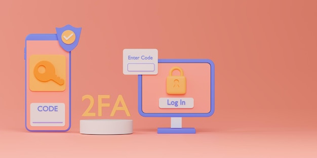 3D-renderingconcept 2-factorauthenticatie op smartphone en pc
