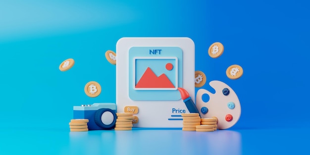 3D-renderingconcept NFT of niet-verwisselbare token voor illustraties