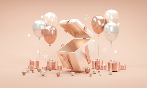 3D-renderingconcept van huidige doos open-up Toon lege ruimte binnen met geschenken ballonnen sterren